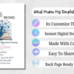 May include: Baby shower invitation with floral and book illustration. The invitation reads "A New Chapter Begins" and includes details for Isla Grace's baby shower on July 3rd, 2025. Additional features include customization, instant download, Canva compatibility, and easy sharing.