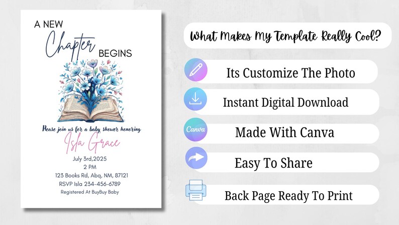 May include: Baby shower invitation with floral and book illustration. The invitation reads "A New Chapter Begins" and includes details for Isla Grace's baby shower on July 3rd, 2025. Additional features include customization, instant download, Canva compatibility, and easy sharing.