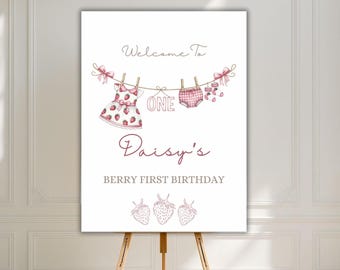 Berry First Birthday Welcome Sign, Editable Strawberry 1st Birthday Sign, Printable First Birthday Poster