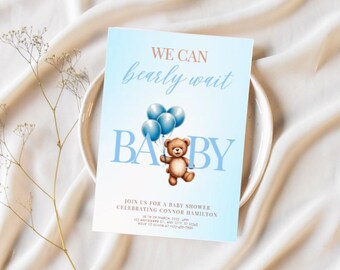 We can nearly wait Baby Shower Invite teddy Bear baby shower invitation Editable Canva Template Boy Bear Theme Digital Download