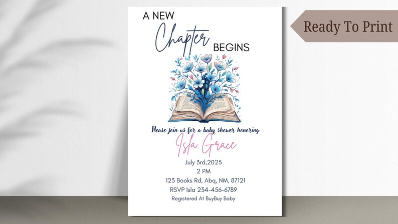 May include: White baby shower invitation with the text "A New Chapter Begins". The invitation features a watercolor illustration of an open book with blue flowers. Details include the baby's name, date, time, and RSVP information.
