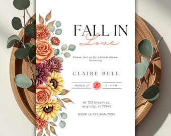 Fall in Love Bridal Shower Invitation Template, Autumn Floral Bridal Shower Invite, Editable Boho Wildflower Bridal Shower Invite