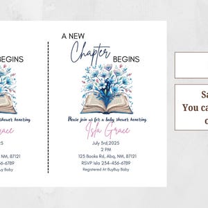 May include: Baby shower invitation with the text "A New Chapter Begins." The design features an open book with blue floral arrangements. The invitation includes the name Isla Grace, date, time, and address.