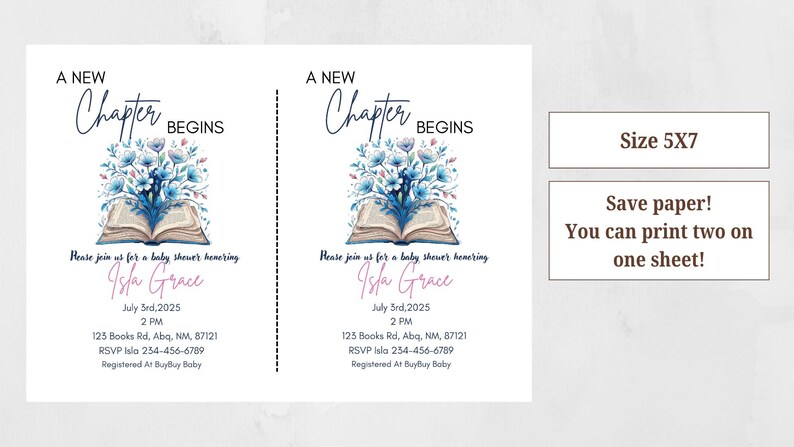 May include: Baby shower invitation with the text "A New Chapter Begins." The design features an open book with blue floral arrangements. The invitation includes the name Isla Grace, date, time, and address.