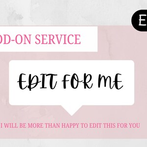 May include: Pink graphic with the text "ADD-ON SERVICE" and "EDIT FOR ME". The image includes a shopping bag, hearts, and a hand icon with the word "Edit". The text "I WILL BE MORE THAN HAPPY TO EDIT THIS FOR YOU" is also present.