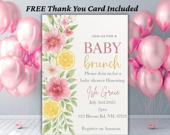 Lemon Baby Shower Invite Girl Template, Baby Announcement Baby Shower Brunch Pink Floral Baby Shower Invite, Girl Invitation, Thank You Card