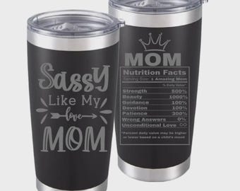 Funny Mom 20oz Black Tumbler - Sassy Nutrition Facts Etched Design