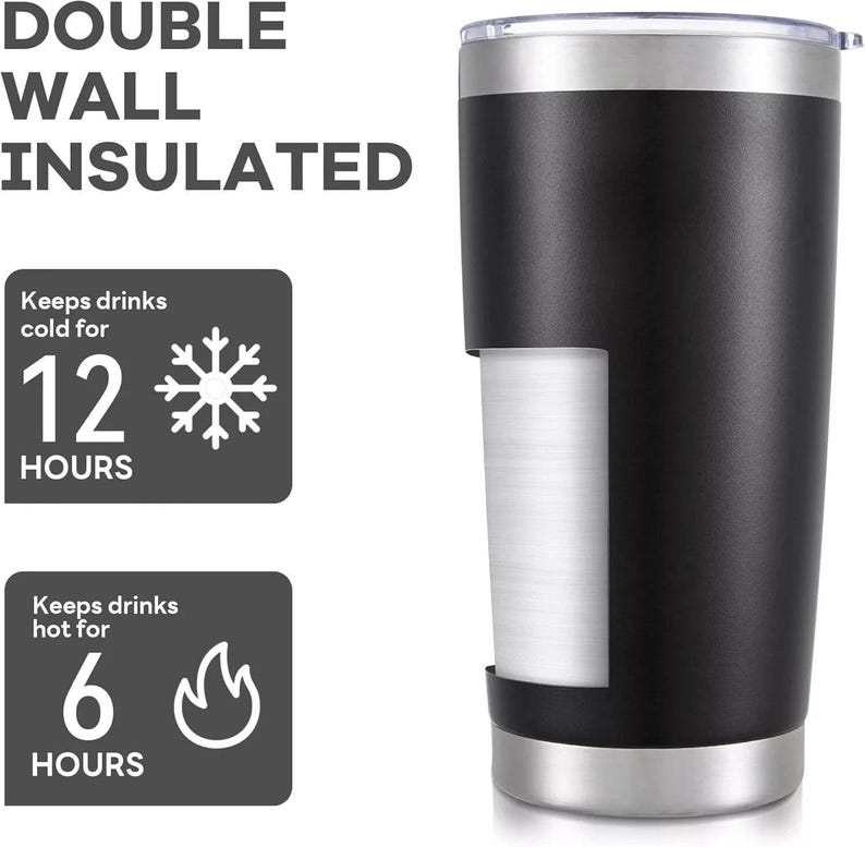 K&ouml;nnte beinhalten: Ein schwarzer, doppelwandiger, isolierter Becher mit silbernem Boden und Rand. Der Becher h&auml;lt Getr&auml;nke 12 Stunden kalt und 6 Stunden hei&szlig;. Der Text "DOUBLE WALL INSULATED" befindet sich oben links.