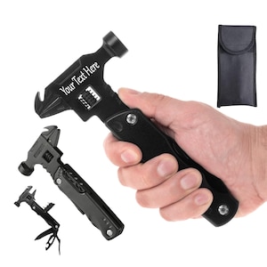 May include: Black multi-tool featuring a hammer, wrench, and other tools. The tool is held in a hand and includes the text "Your Text Here". A black carrying case is also shown.