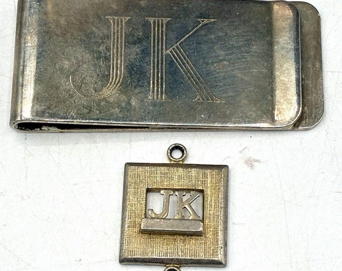 Vintage Sheridan Silver Tone JK Monogram Money Clip Bracelet ID Bar Set