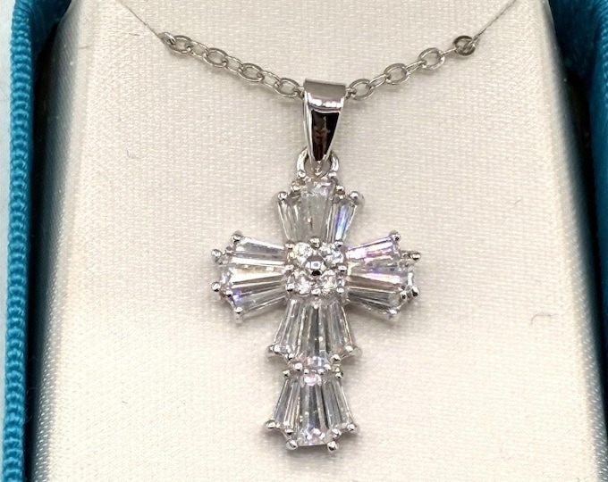 Cubic Zirconia Cross Pendant Necklace 18” Baguette CZ Silver Tone Boxed