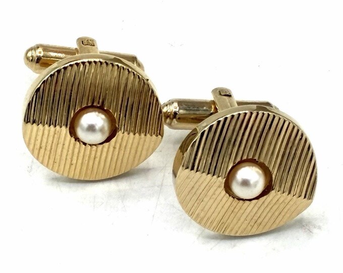 Vintage Hickok Cufflinks Gold Tone Faux Pearl Mid Century Mens Formal Jewelry