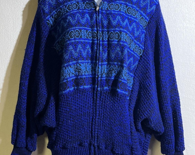 Vintage 80s Blue Geometric Full Zip Sweater Batwing Dolman Sleeves Oversized