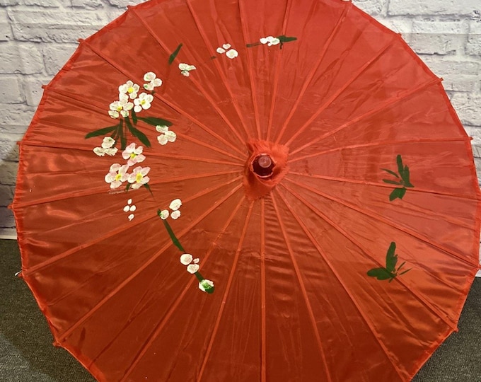 Vtg Asian Parasol Umbrella Hand-Painted Red Nylon Fabric & Bamboo 32” Across