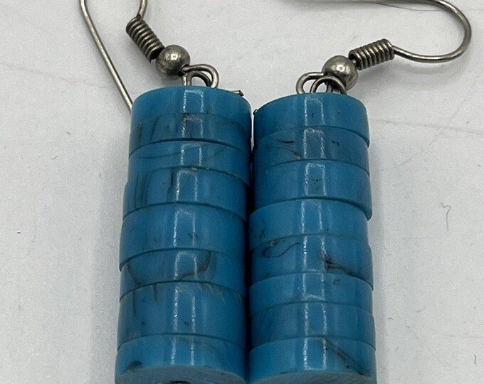 Southwest Native Blue Cluster Turquoise? Beaded Stacked Silver Tone Earrings Vtg