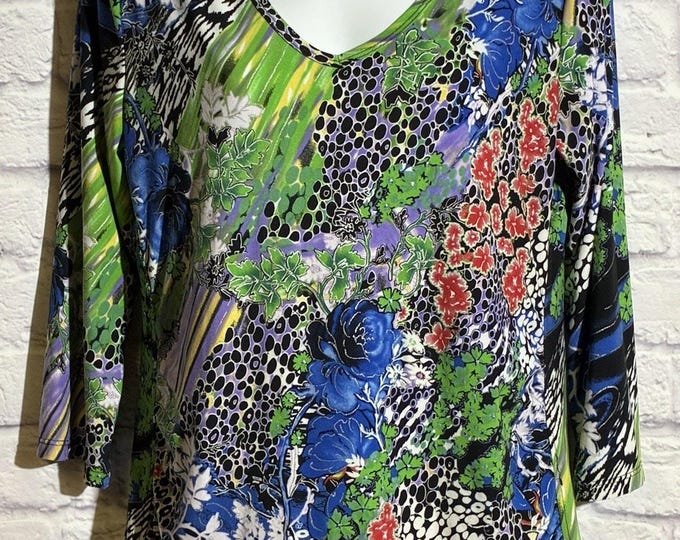 Peter Nygard Multicolor Mixed Print V-Neck Tunic Top M