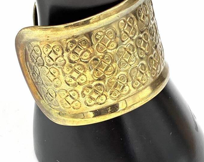 Vintage Wide Gold Tone Cuff Bracelet Embossed Quatrefoil Pattern Open Back