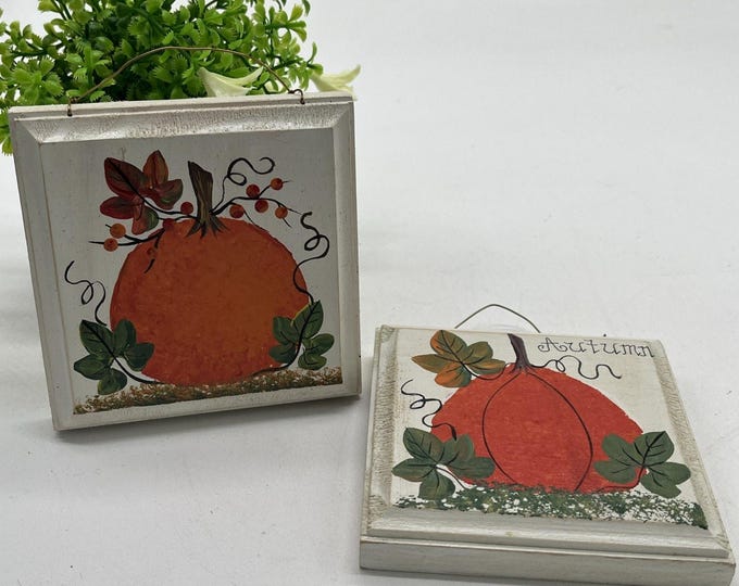 Set of 2 vtg Hand Painted 4” Square Halloween Wall Decor Pumpkin Autumn