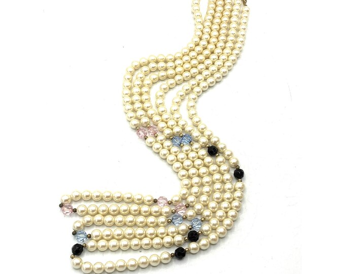 Lot 3 Vintage Faux Pearl Necklaces 30” Pink Blue Black Accent Beads
