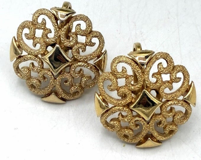 Avon Signed Gold Filigree Scroll Clip Earrings Large Statement 1980s Signed