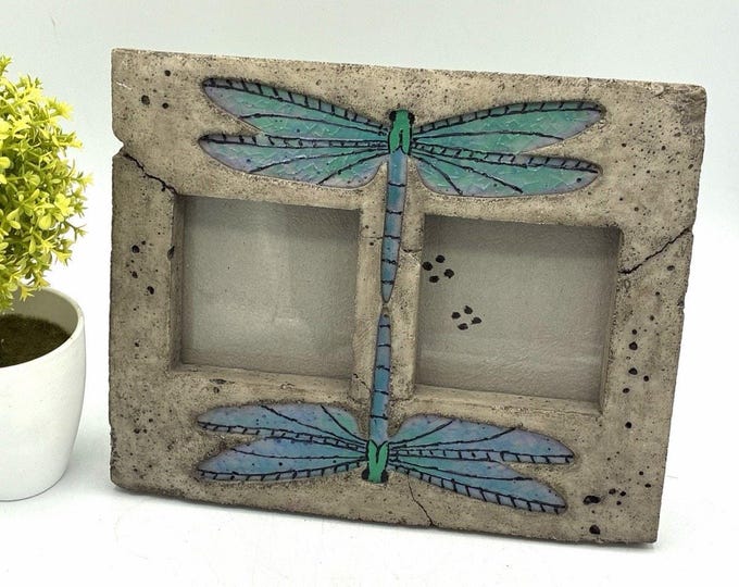 Dragonfly Double Photo Frame, Faux Stone Resin, 9x8