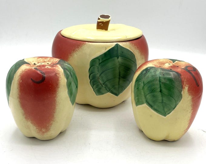 Vintage Hull Pottery Blushing Apple Salt Pepper Biscuit Jar 3 Piece Set 1940s