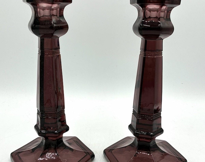 Vintage Purple Amethyst Glass Candlesticks, Pair of Faceted Hexagon Candle Holders
