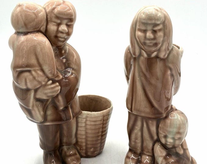 Vintage Mother Child Ceramic Planters Set 2 Brown Glaze Family Figurines