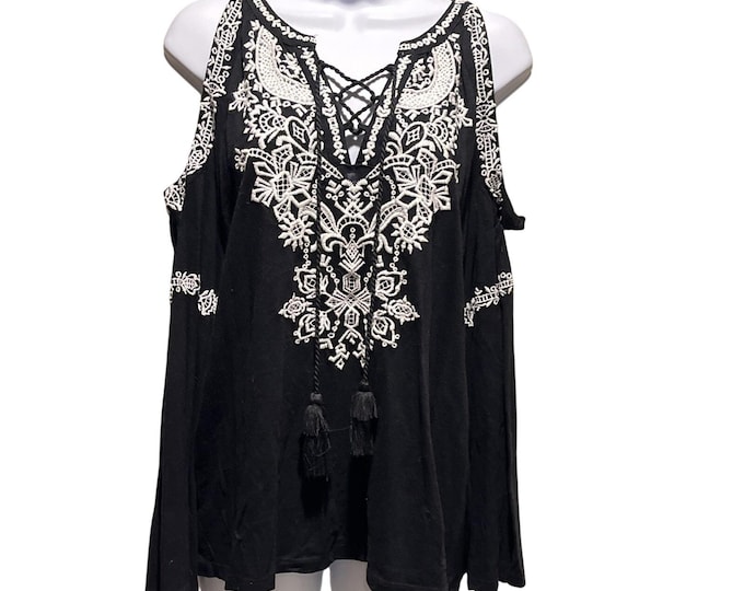 NWT INC Black Embroidered Peasant Top – Boho Tie‑Front Blouse – Women’s S