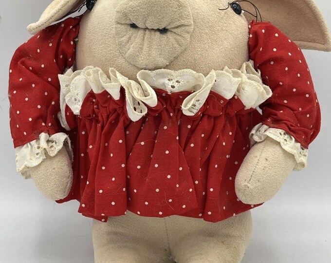 Vintage Handmade Country Pig Plush Wearing Red Polka Dot Dress READ