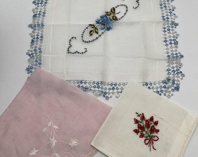 Vintage Embroidered Floral Handkerchief Lot 3 Lace Edge Pink White Hanky