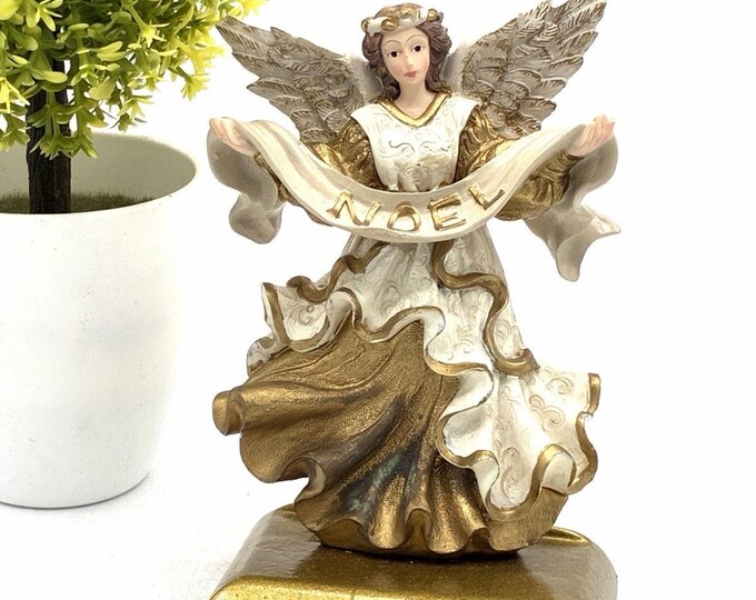 Angel Noel Christmas Stocking Holder Hanger Gold White Resin Heavy Base 5"