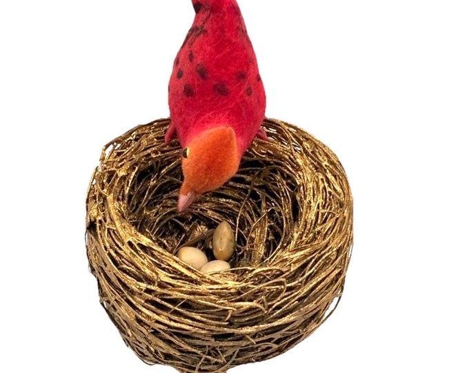 Handmade Flocked Red Cardinal Bird Gold Nest Eggs Clothespin Decor Figurine