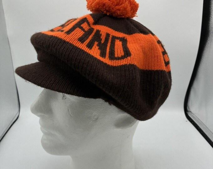 Vintage Cleveland Browns Knit Visor Beanie Pom Hat 70s 80s NFL Orange Brown