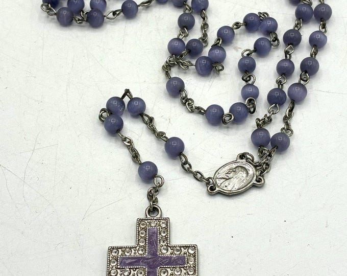 Vintage Purple Lavender Bead Rosary Rhinestone Cross Silver Tone Madonna