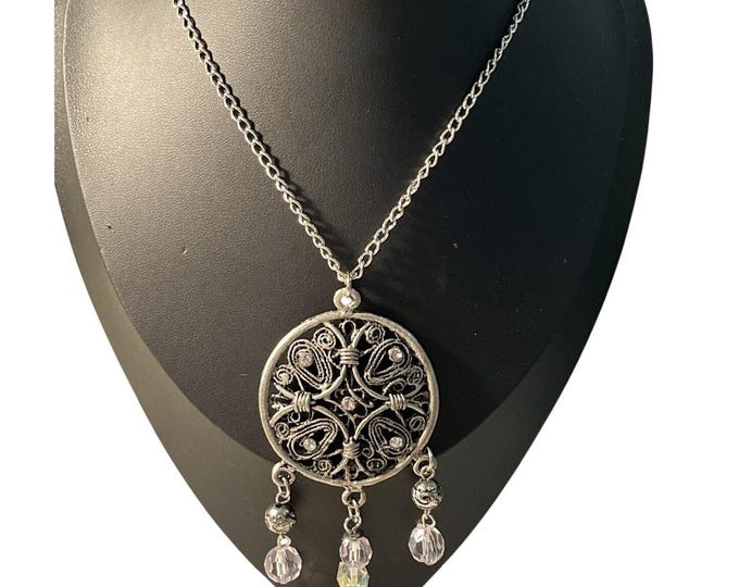 Vintage Silver Tone Filigree Medallion Necklace 24" Crystal Drop Pendant