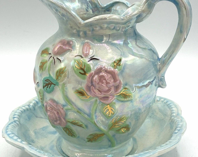 Vintage Iridescent Lusterware Floral Wash Pitcher Basin Set Raised Roses