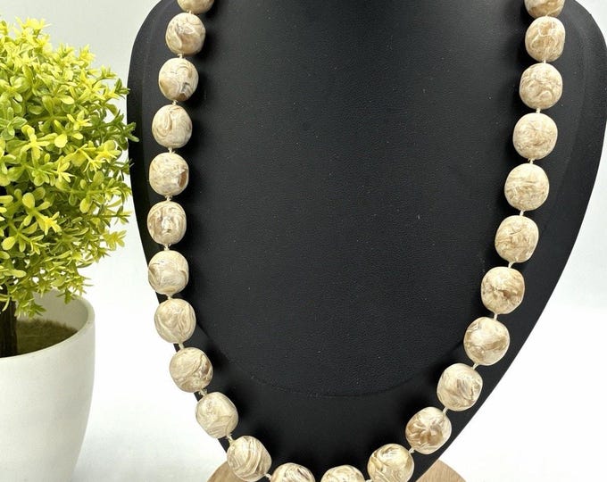 Vintage Marbled Cream Brown Nugget Bead Necklace 24 Inch