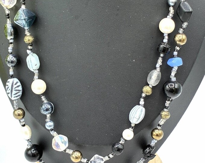 Daksh India 46” Long Mixed Glass Bead Necklace Blue Black Pearl Boho