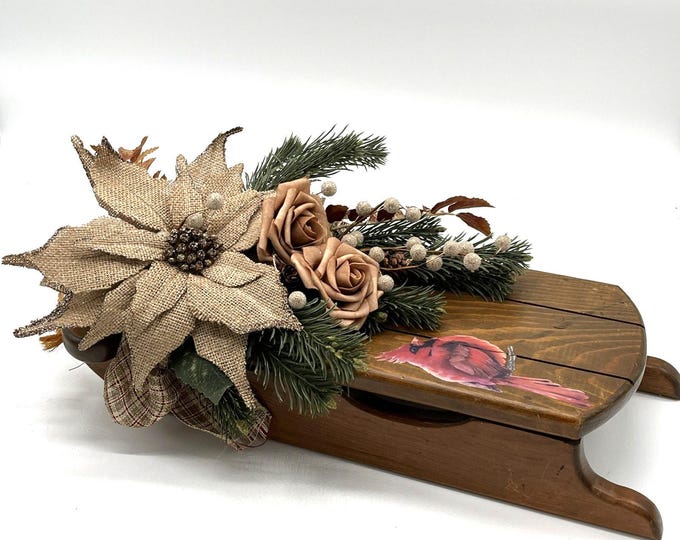 Handmade Wooden Sled • Cardinal Red Bird Winter Decor • 17” Rustic Christmas Floral Burlap Accent