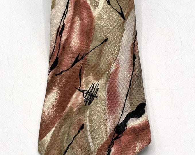 Vintage Mario Valentino Italian Silk Tie Abstract Art Tan Mauve Black Designer