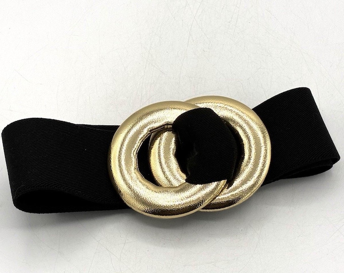 Black Stretch Waist Belt Oversized Gold Double Ring Buckle Vintage Style