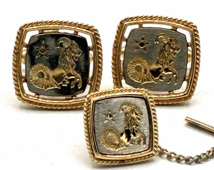 Vintage Ram Aries Cufflinks Tie Tack Set Gold Silver Tone Zodiac Mens Jewelry
