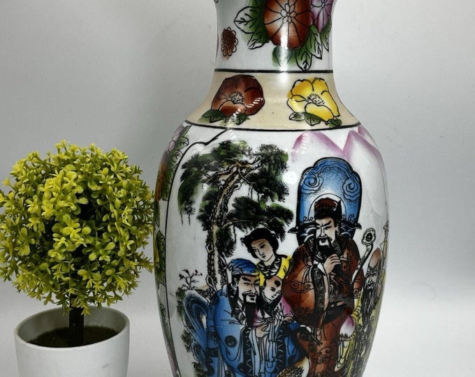Vintage James Alex Hand Painted Vase 12” Asian Design Imported Ceramic