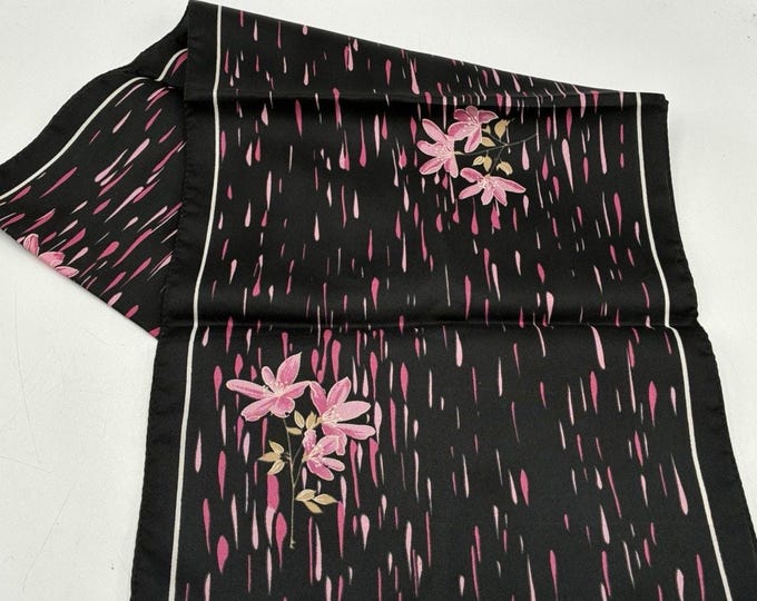 Vintage Polyester Scarf Black Pink Floral Abstract Print 44x10 Oblong