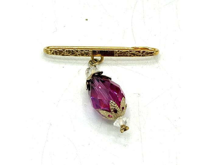 Vintage Purple Faceted Glass Crystal Dangle Bar Brooch Pin Gold Tone