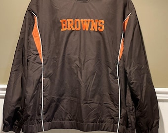Sudadera de cuello en V de los Cleveland Browns, color marrón, con letras naranjas, de la NFL, talla XL.