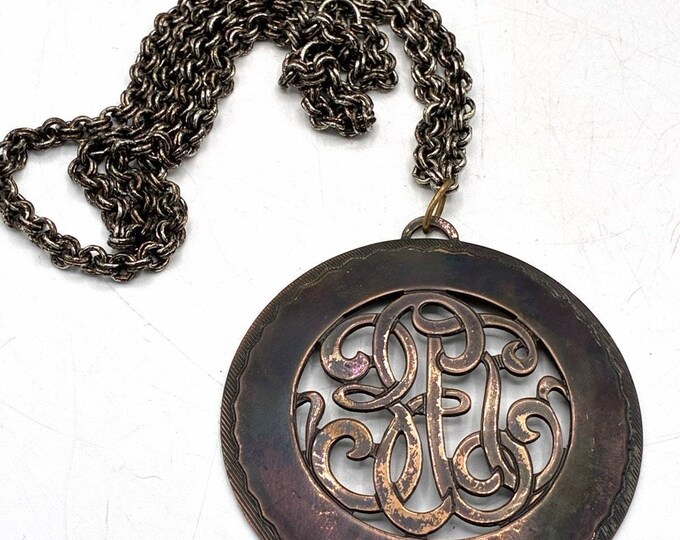 Vintage Genuine Copper Monogram Pendant Necklace Openwork Script Letter 2" 1970s