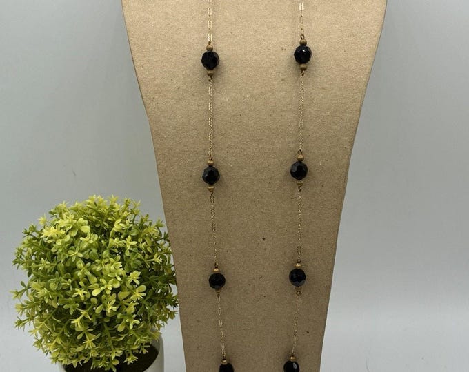 Judy Lee Gold Tone Black Faceted Crystal Bead Station Necklace Vintage