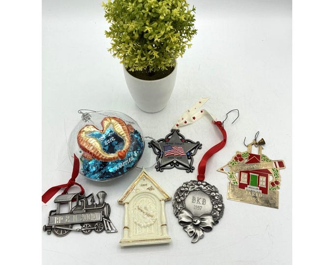 Vintage Personalized Christmas Ornament Lot 6pc Dated Pewter Train Wedding